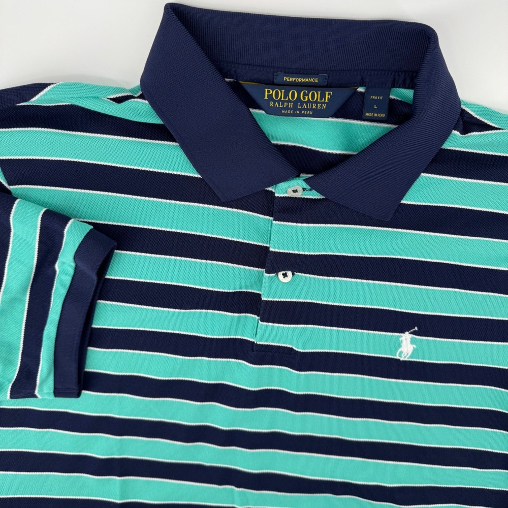 Polo Golf Ralph Lauren Large Pro Fit Striped Performance Polo Shirt Navy Teal